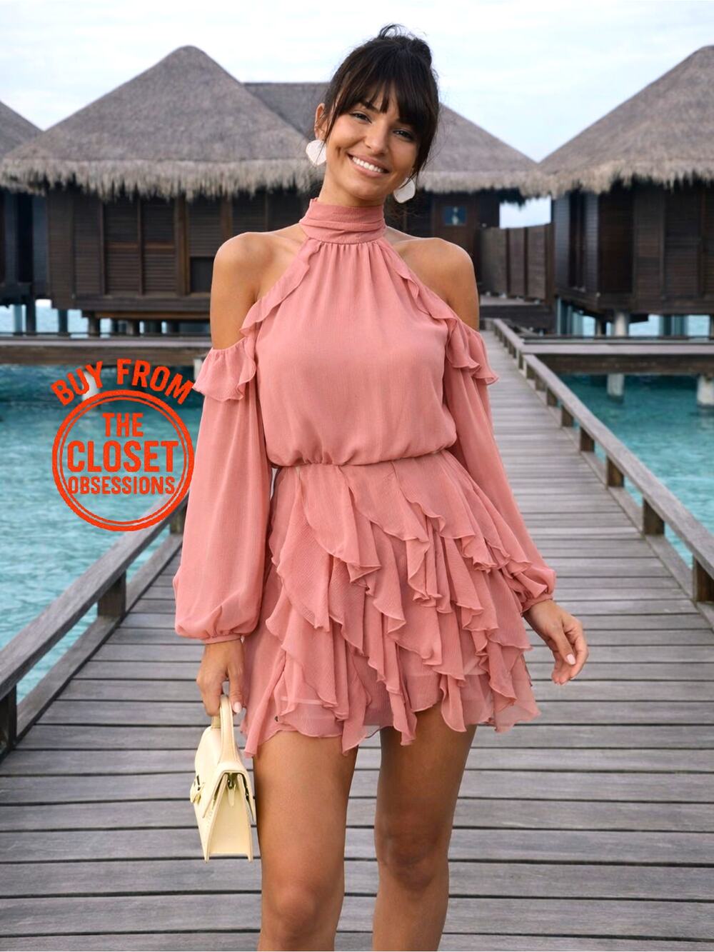 ZARA Pink Ruffle Mini Dress NWT Cold Shoulder Vacation Resort Dress L